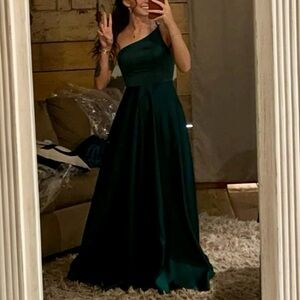 One Shoulder Emerald Green Dress with Pockets